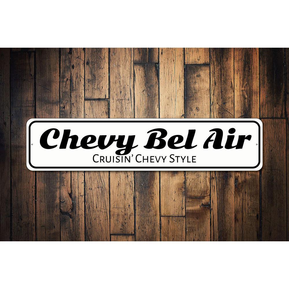 Customizable Chevy Bel Air sign made from high-quality aluminum, perfect for garages and man caves.