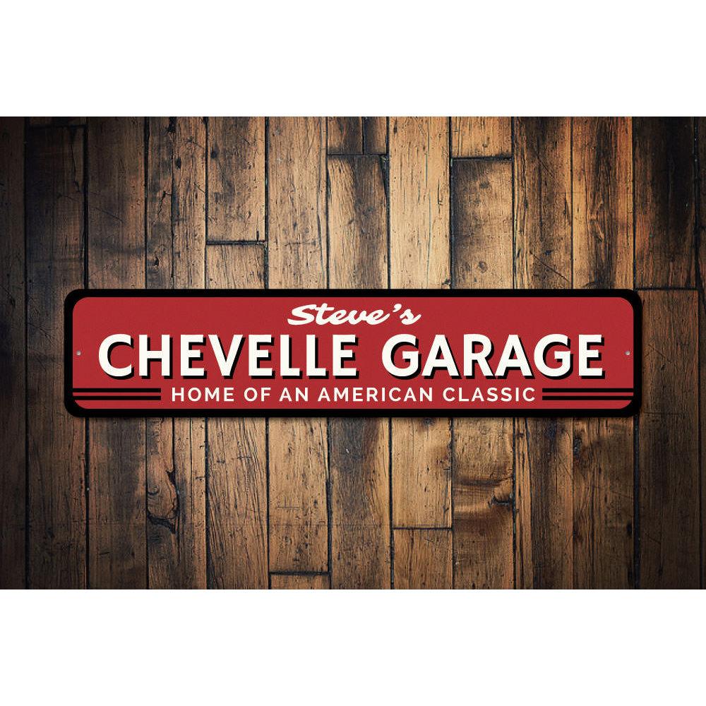 Customizable Chevy Chevelle sign made of high-quality aluminum, featuring vibrant colors and pre-drilled holes for easy mounting.