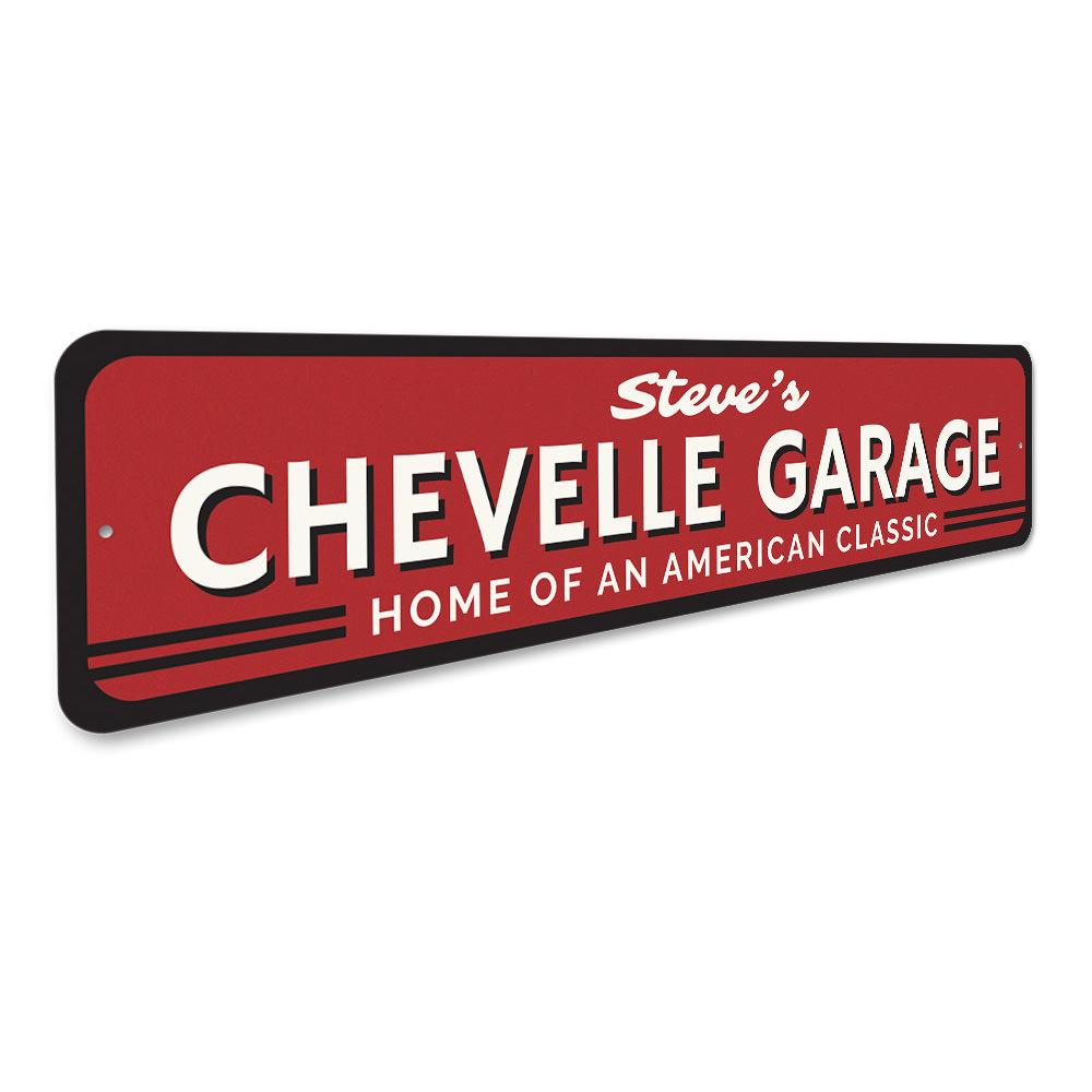 Customizable Chevy Chevelle sign made of high-quality aluminum, featuring vibrant colors and pre-drilled holes for easy mounting.