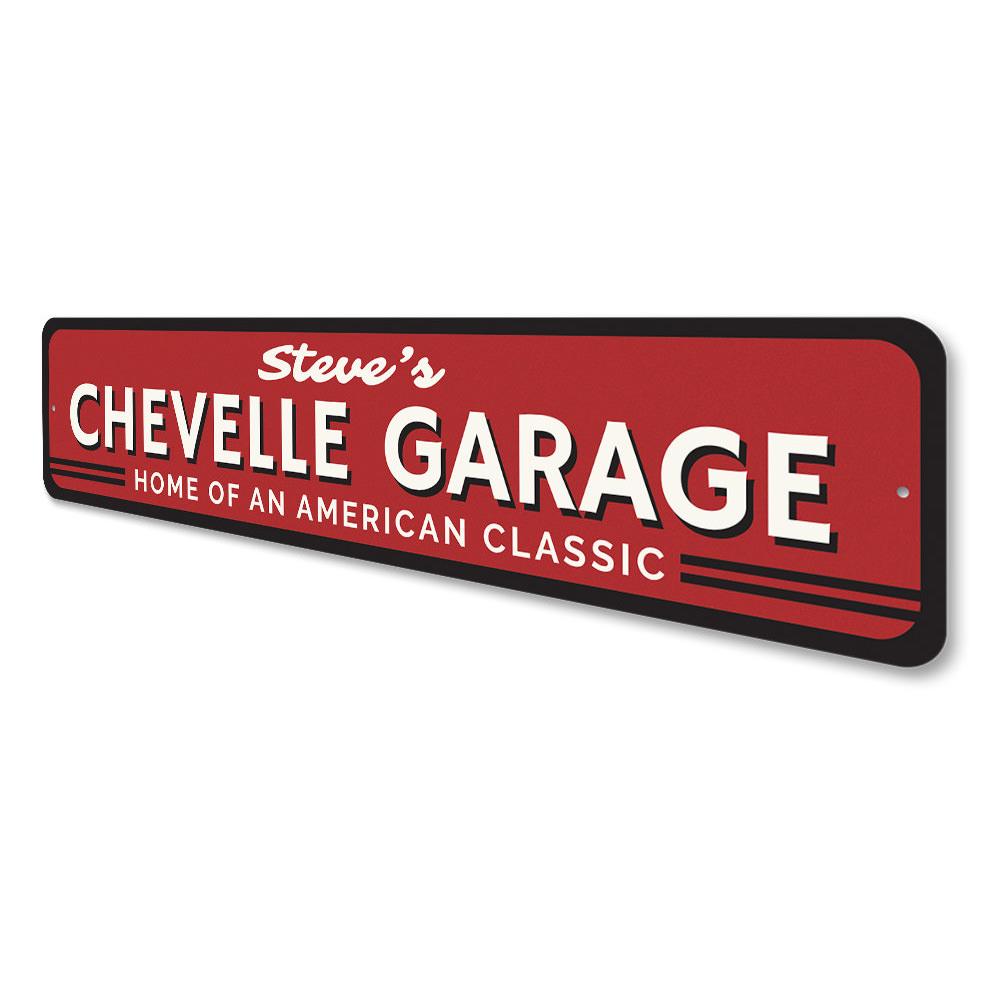 Customizable Chevy Chevelle sign made of high-quality aluminum, featuring vibrant colors and pre-drilled holes for easy mounting.