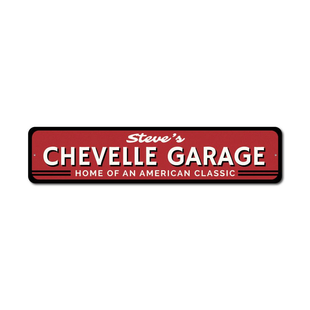 Customizable Chevy Chevelle sign made of high-quality aluminum, featuring vibrant colors and pre-drilled holes for easy mounting.