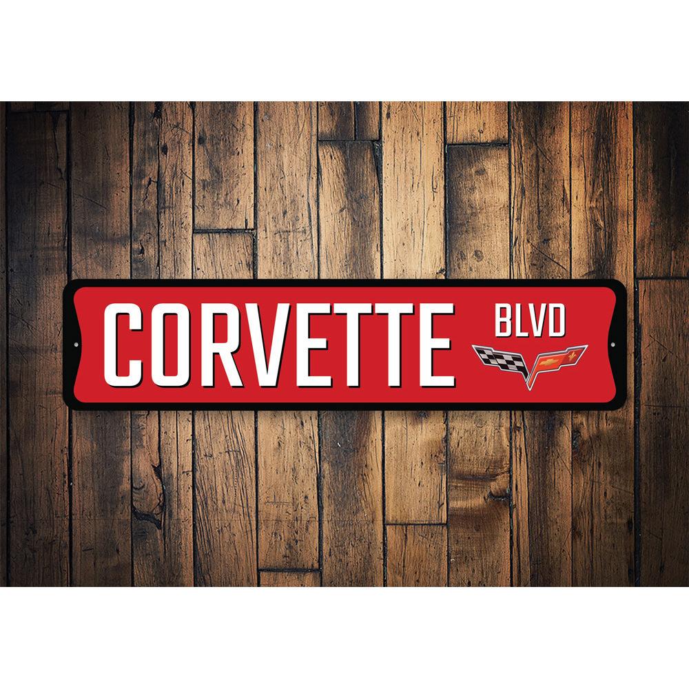 Chevy Corvette Blvd Sign made of quality aluminum, featuring vibrant colors and a sleek design, perfect for car enthusiasts.