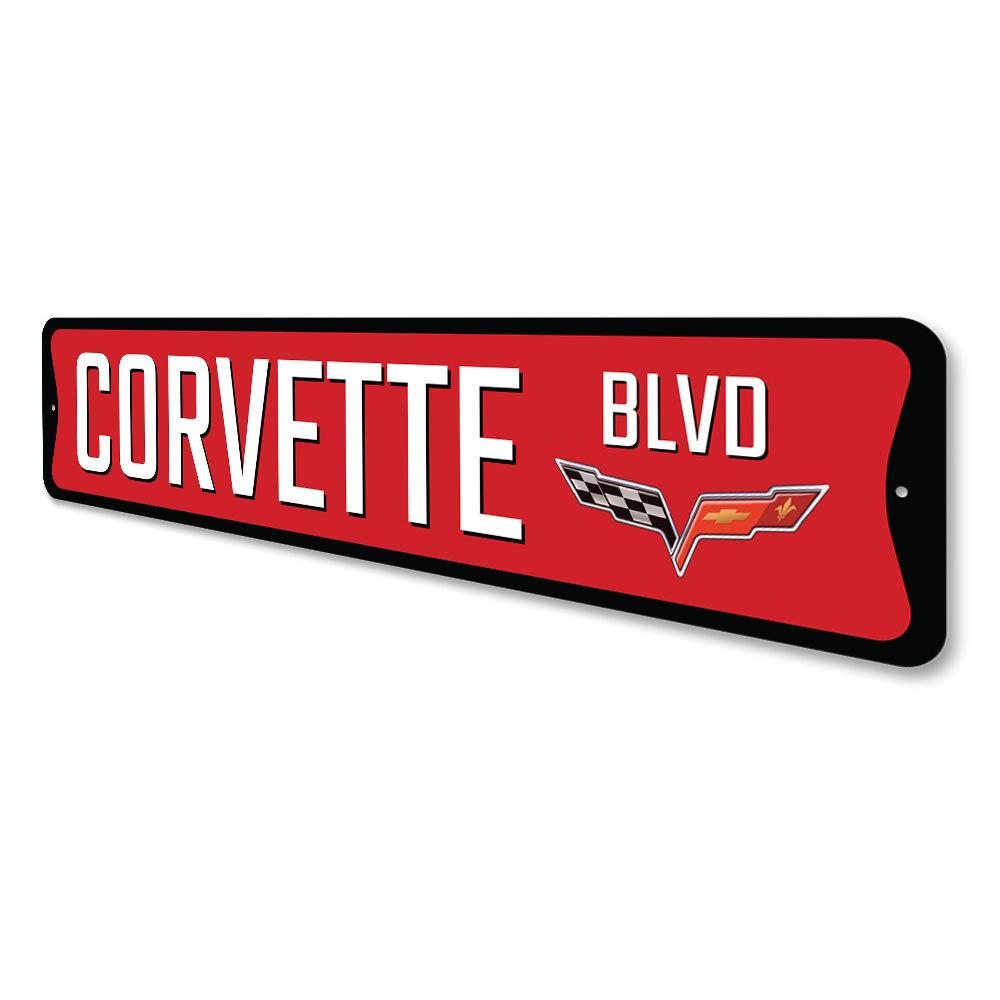 Chevy Corvette Blvd Sign made of quality aluminum, featuring vibrant colors and a sleek design, perfect for car enthusiasts.