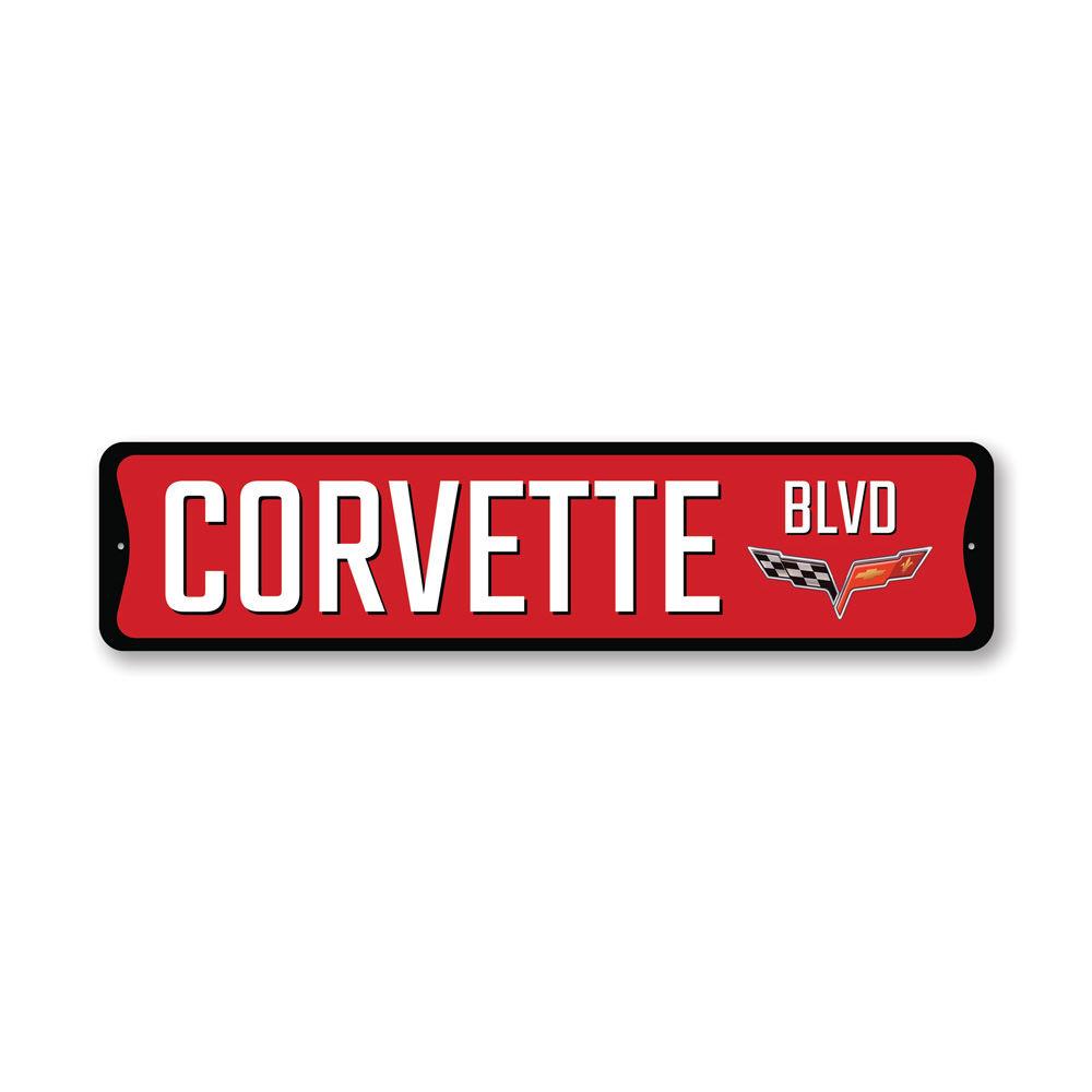 Chevy Corvette Blvd Sign made of quality aluminum, featuring vibrant colors and a sleek design, perfect for car enthusiasts.