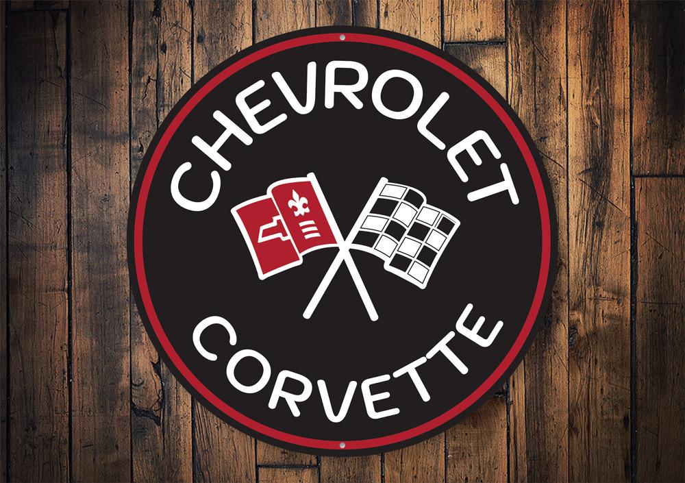 Chevy Corvette Car Sign made of high-quality aluminum, featuring vibrant colors and a sleek design, perfect for garages and man caves.