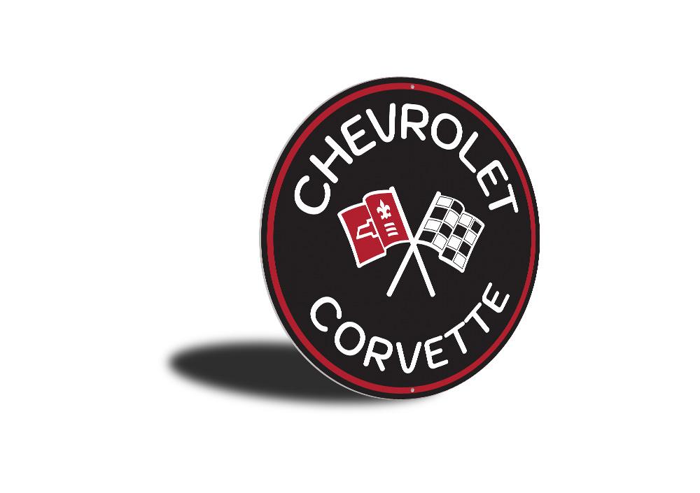 Chevy Corvette Car Sign made of high-quality aluminum, featuring vibrant colors and a sleek design, perfect for garages and man caves.