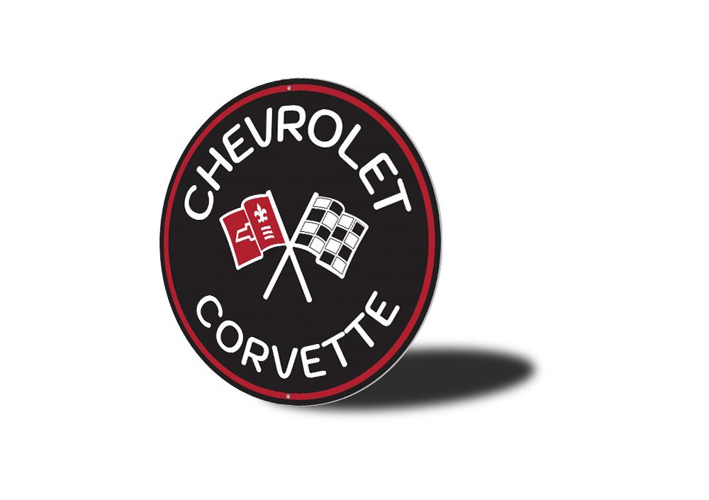 Chevy Corvette Car Sign made of high-quality aluminum, featuring vibrant colors and a sleek design, perfect for garages and man caves.