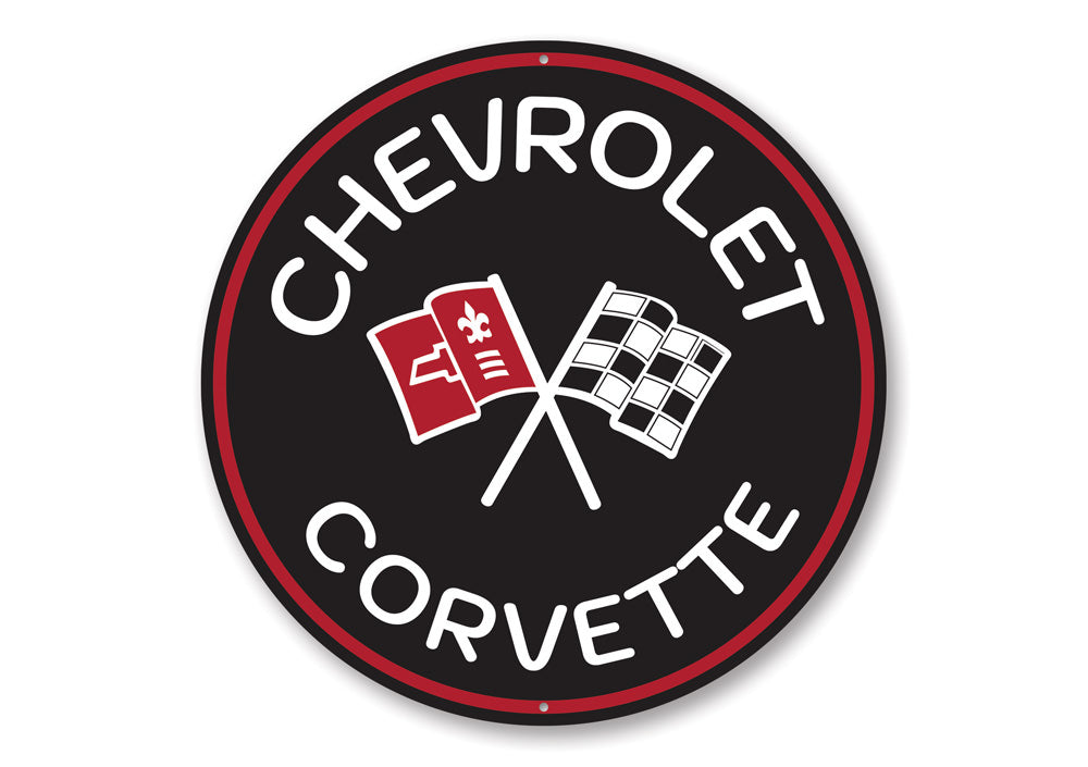 Chevy Corvette Car Sign made of high-quality aluminum, featuring vibrant colors and a sleek design, perfect for garages and man caves.