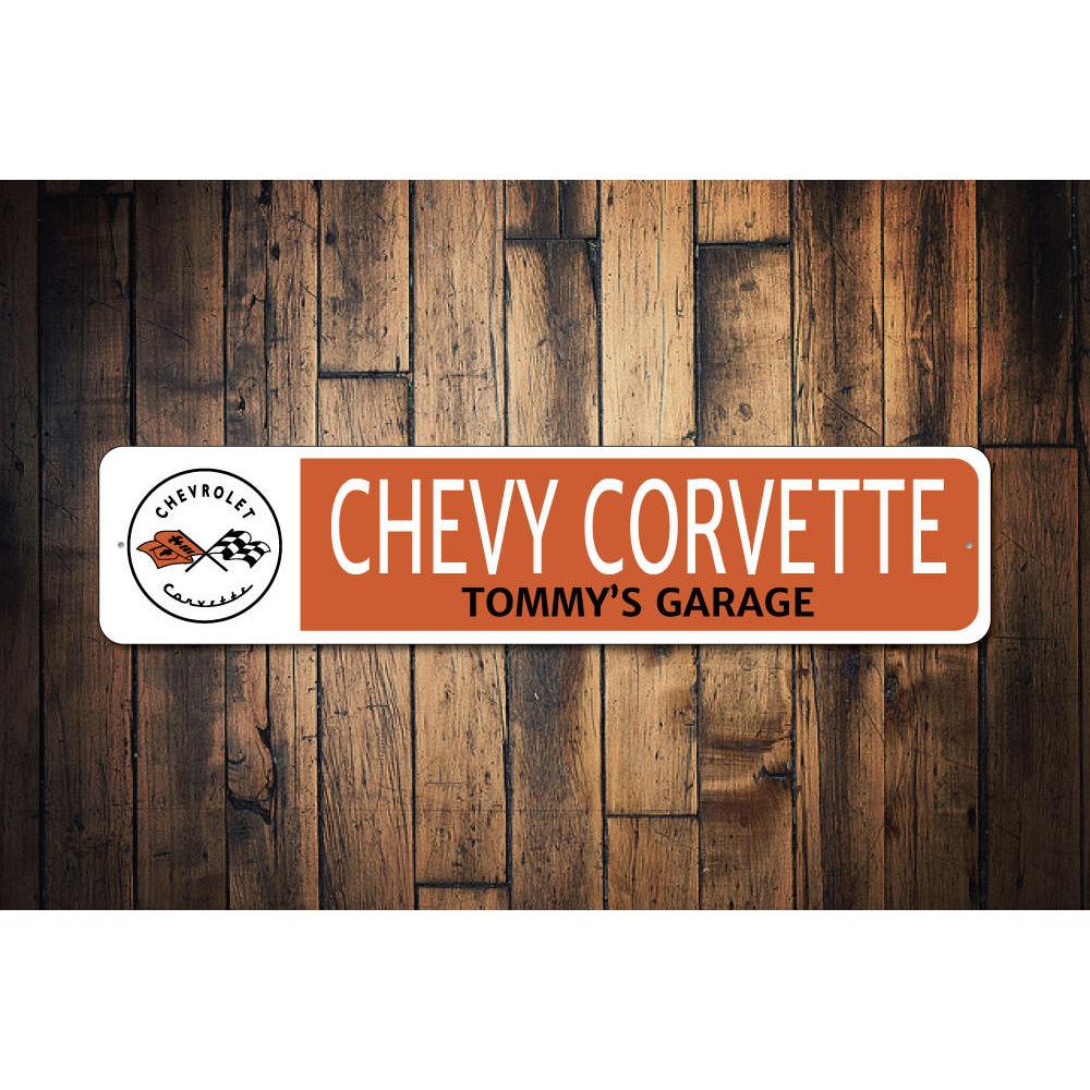 Chevy Corvette Garage Name Sign made of high-quality aluminum, featuring customizable text and pre-drilled holes for easy mounting.