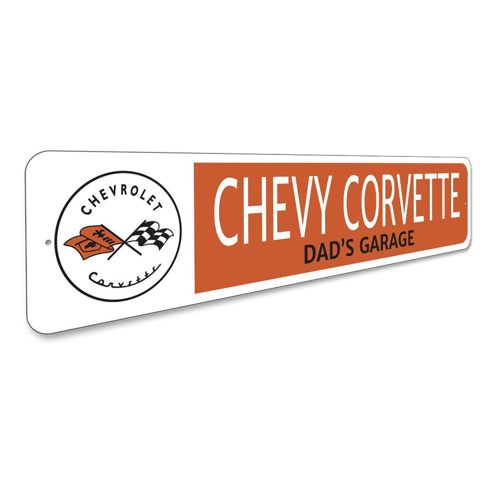 Chevy Corvette Garage Name Sign made of high-quality aluminum, featuring customizable text and pre-drilled holes for easy mounting.