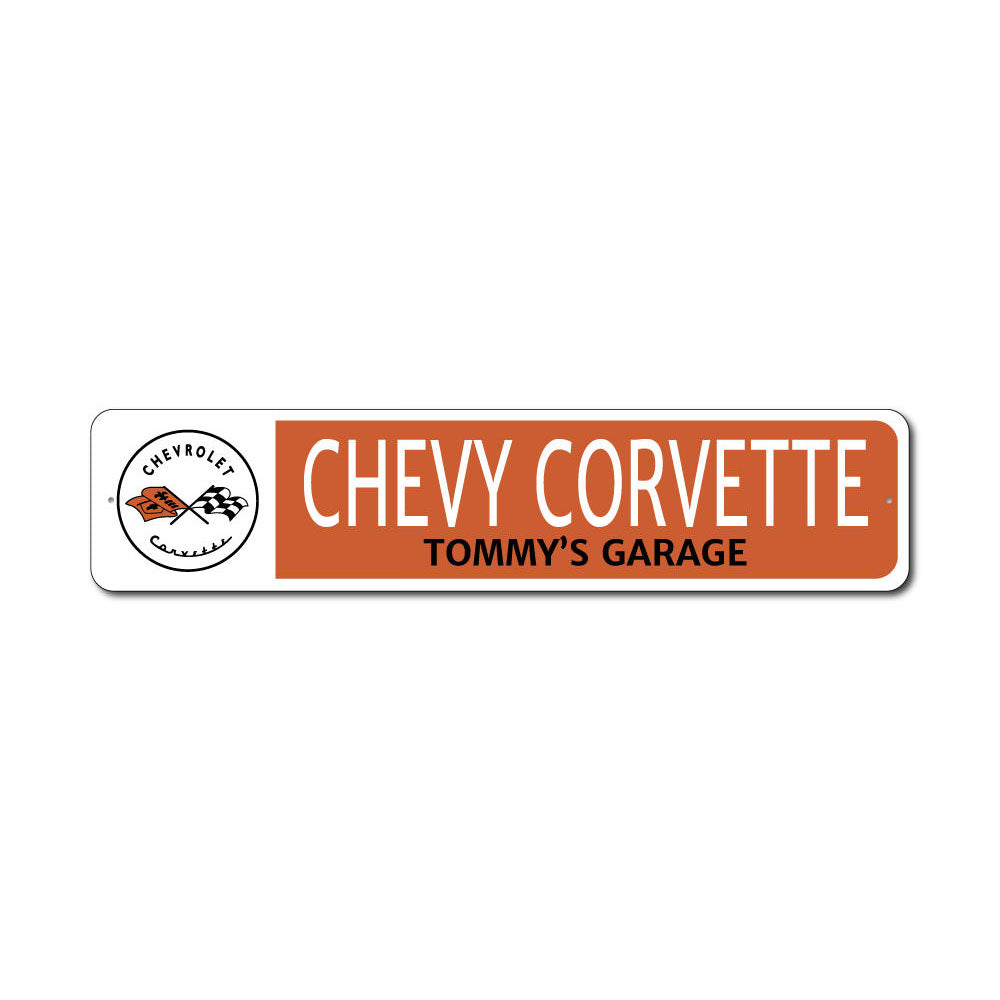 Chevy Corvette Garage Name Sign made of high-quality aluminum, featuring customizable text and pre-drilled holes for easy mounting.