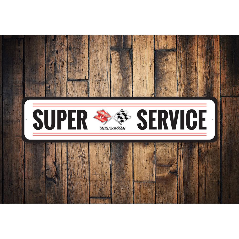 Chevy Corvette Super Service Sign made of high-quality aluminum, featuring vibrant colors and a classic design, perfect for car enthusiasts.