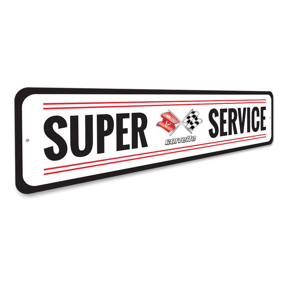 Chevy Corvette Super Service Sign made of high-quality aluminum, featuring vibrant colors and a classic design, perfect for car enthusiasts.