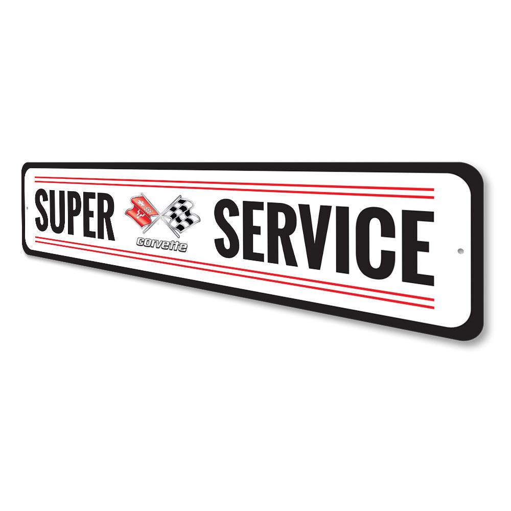 Chevy Corvette Super Service Sign made of high-quality aluminum, featuring vibrant colors and a classic design, perfect for car enthusiasts.