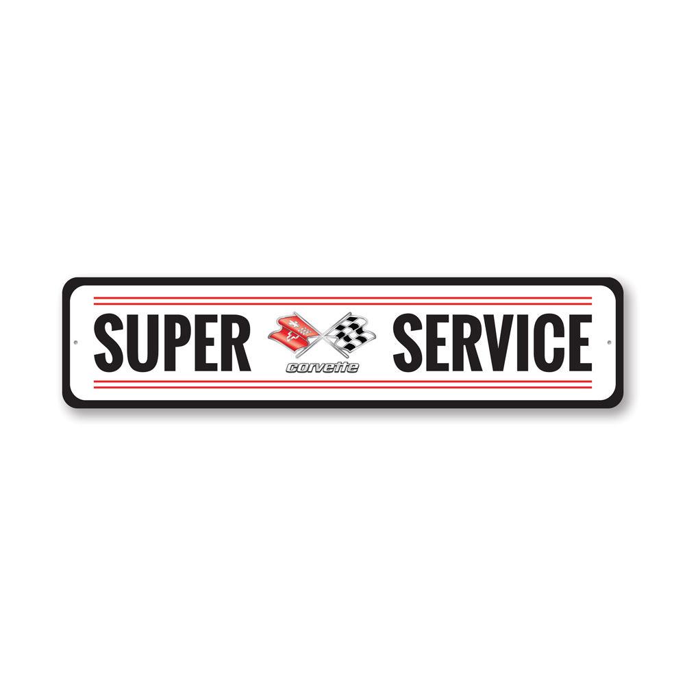 Chevy Corvette Super Service Sign made of high-quality aluminum, featuring vibrant colors and a classic design, perfect for car enthusiasts.