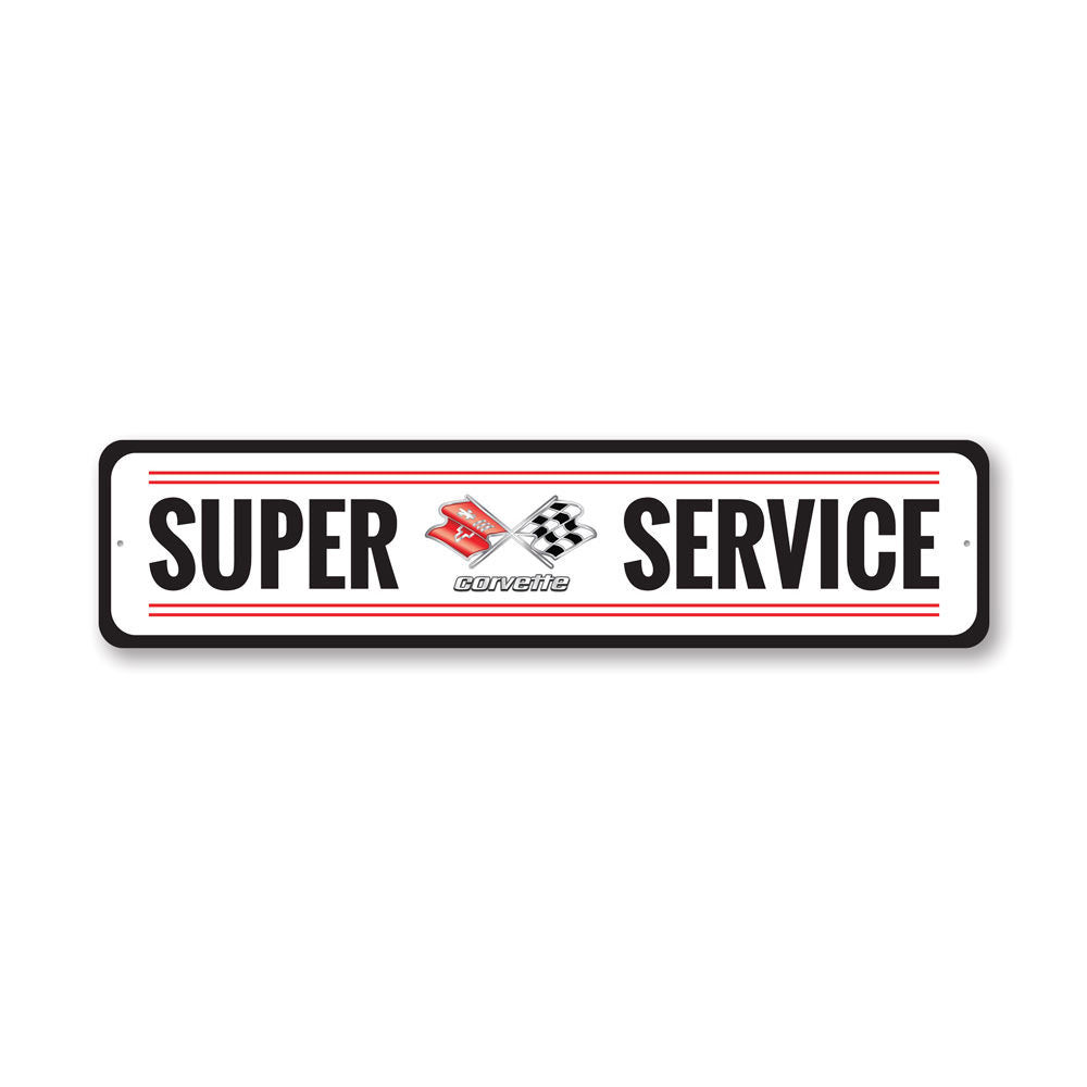 Chevy Corvette Super Service Sign made of high-quality aluminum, featuring vibrant colors and a classic design, perfect for car enthusiasts.