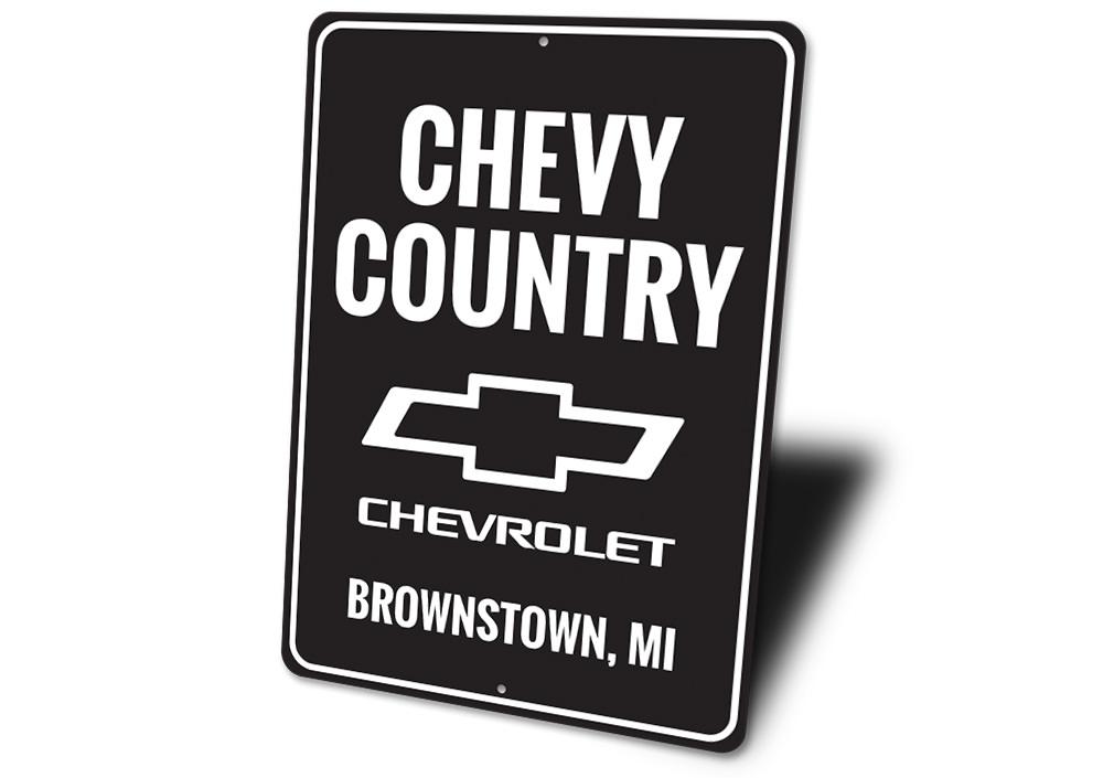 A vibrant Chevy Country Sign made of high-quality aluminum, featuring customizable text, perfect for garages and man caves.