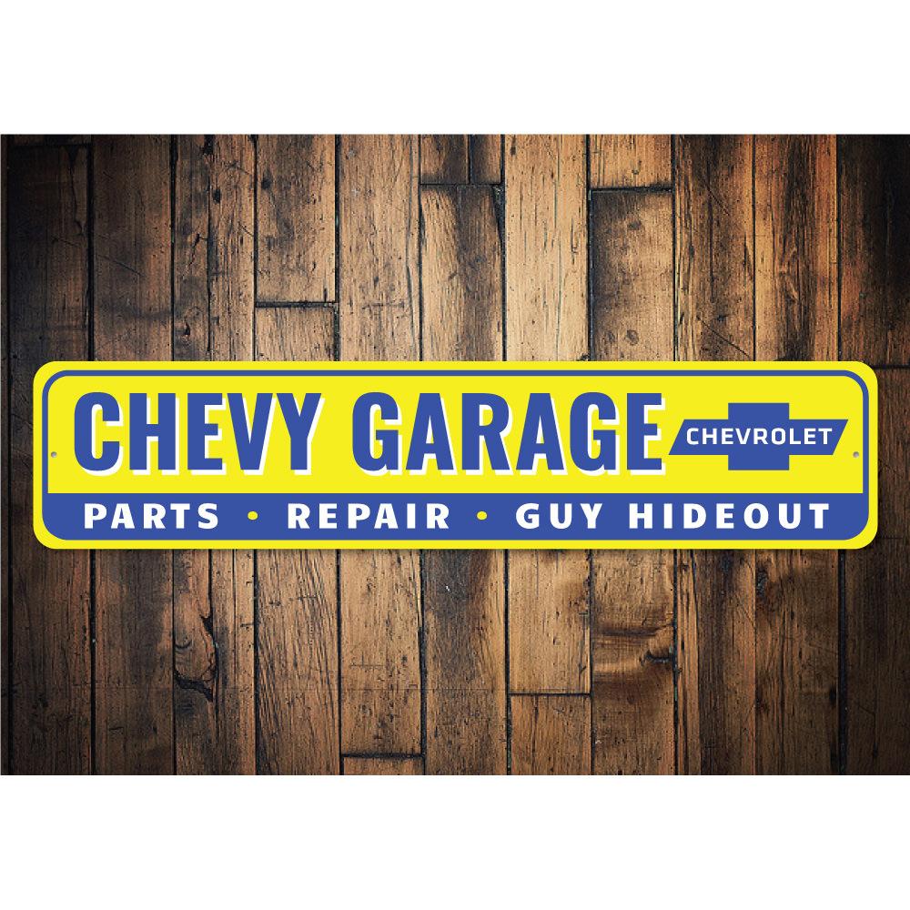 Chevy Garage Hideout Sign made of durable aluminum, featuring customizable text and pre-drilled holes for easy mounting.