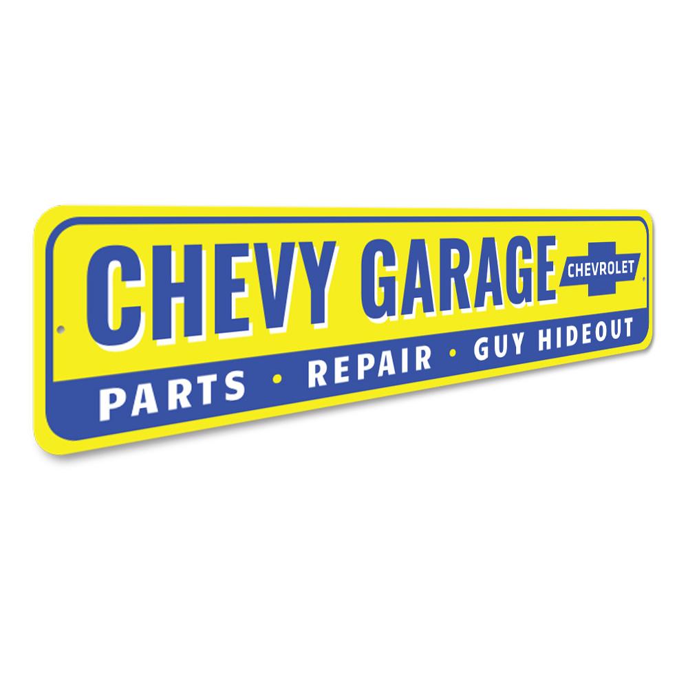 Chevy Garage Hideout Sign made of durable aluminum, featuring customizable text and pre-drilled holes for easy mounting.