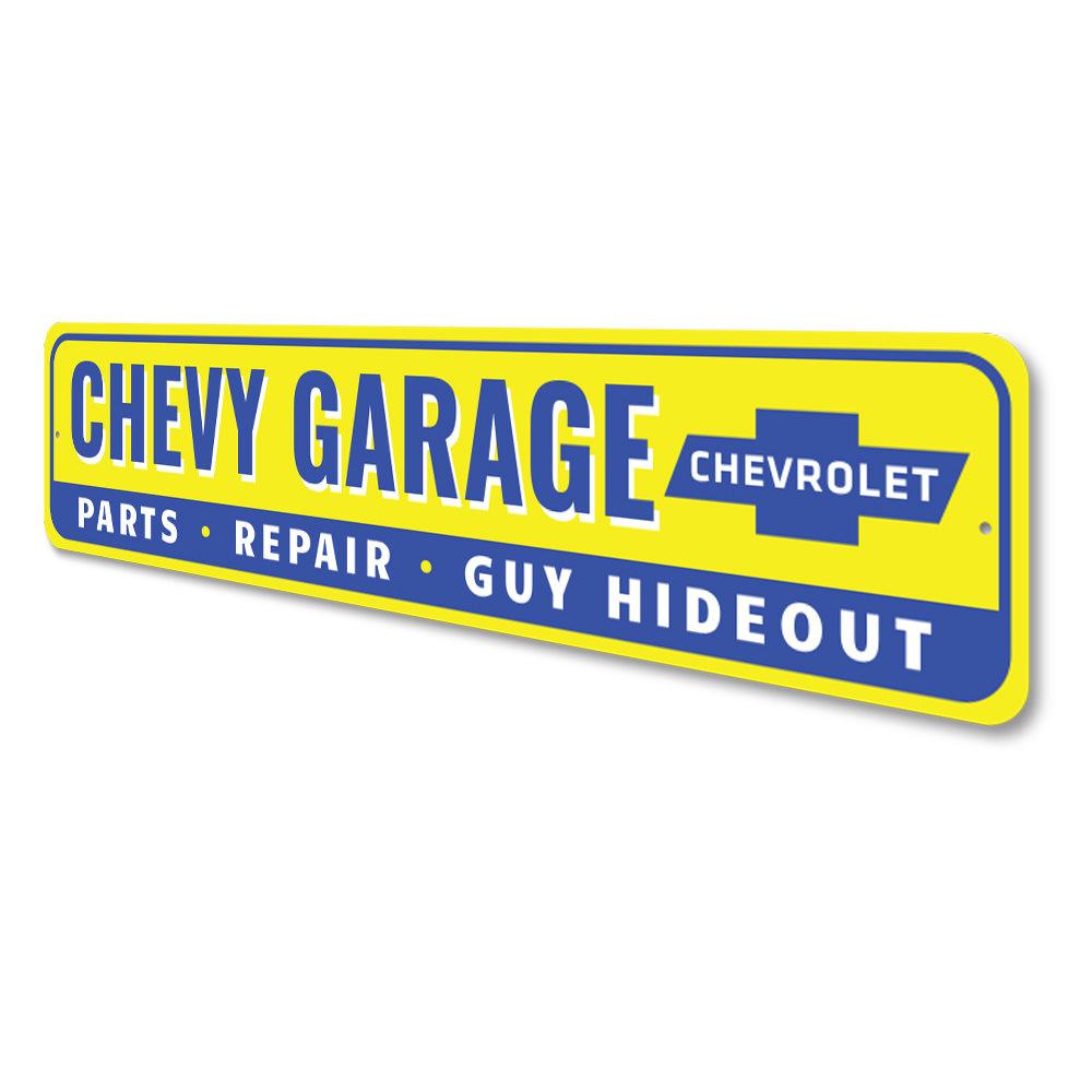 Chevy Garage Hideout Sign made of durable aluminum, featuring customizable text and pre-drilled holes for easy mounting.