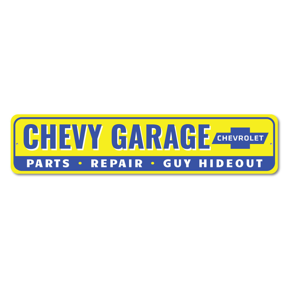 Chevy Garage Hideout Sign made of durable aluminum, featuring customizable text and pre-drilled holes for easy mounting.