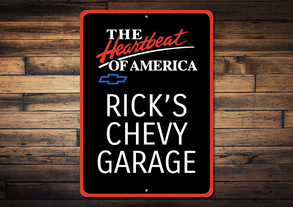 Customizable Chevy Garage Name Sign made of high-quality aluminum, featuring pre-drilled holes for easy mounting.