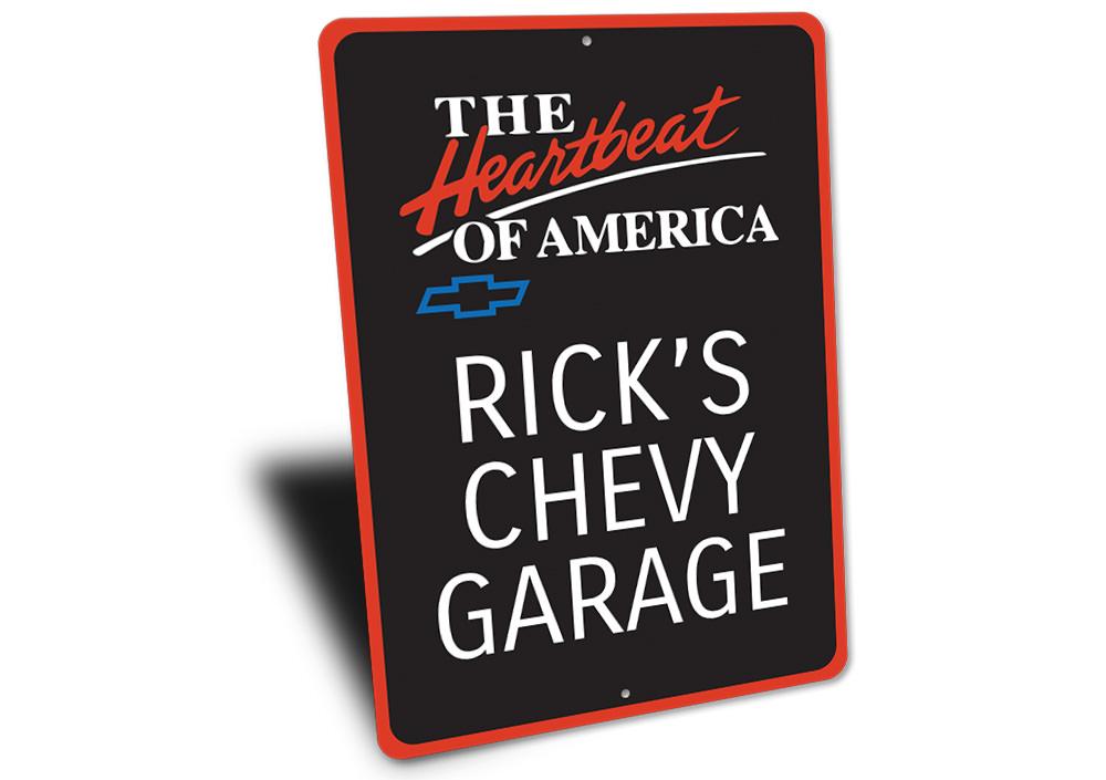 Customizable Chevy Garage Name Sign made of high-quality aluminum, featuring pre-drilled holes for easy mounting.