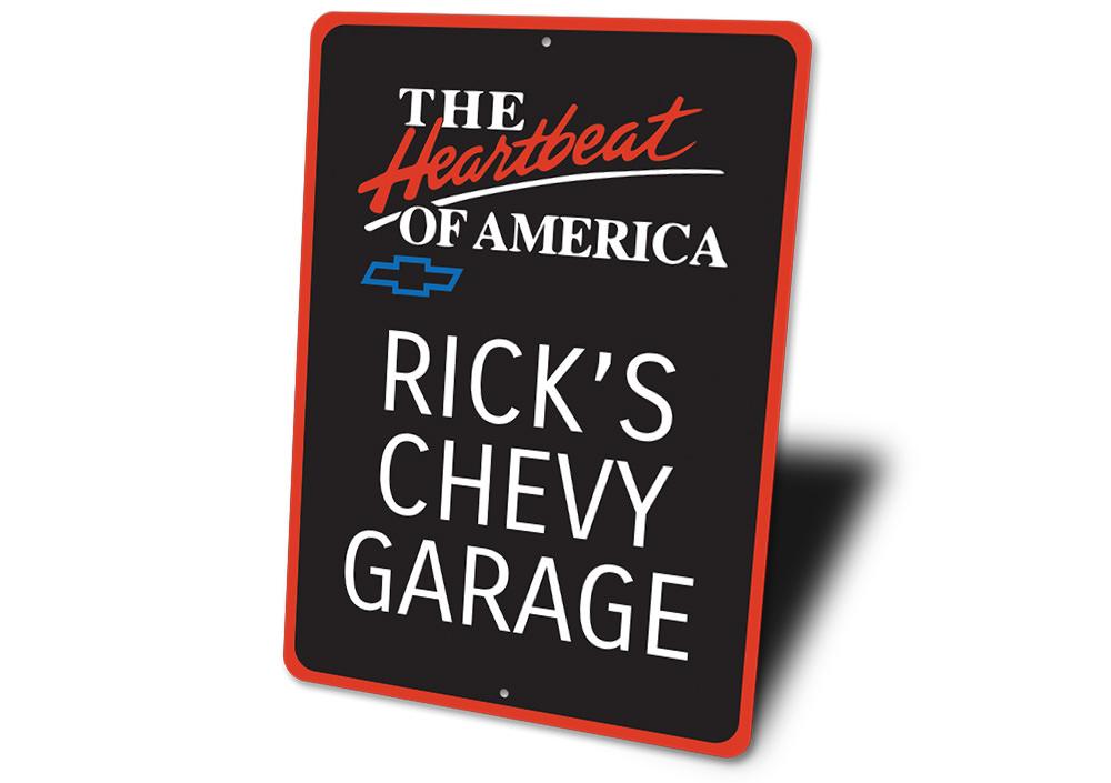 Customizable Chevy Garage Name Sign made of high-quality aluminum, featuring pre-drilled holes for easy mounting.