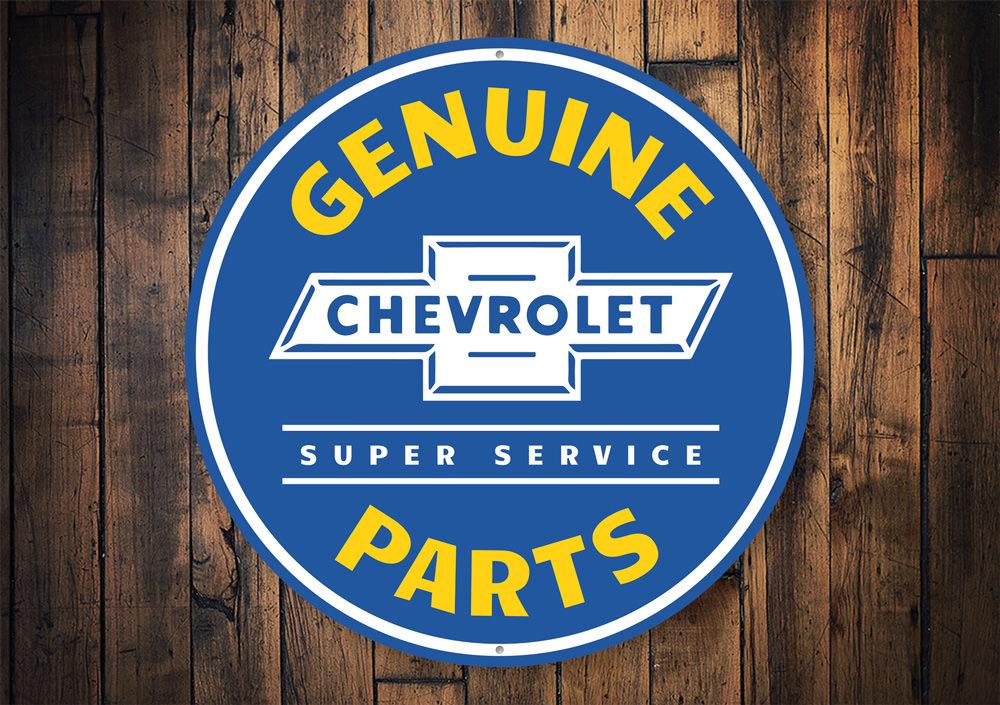 Chevy Genuine Parts Car Sign made of high-quality aluminum, featuring iconic Chevy designs, perfect for garages and man caves.