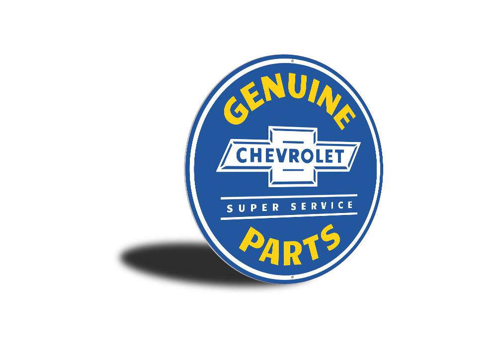 Chevy Genuine Parts Car Sign made of high-quality aluminum, featuring iconic Chevy designs, perfect for garages and man caves.