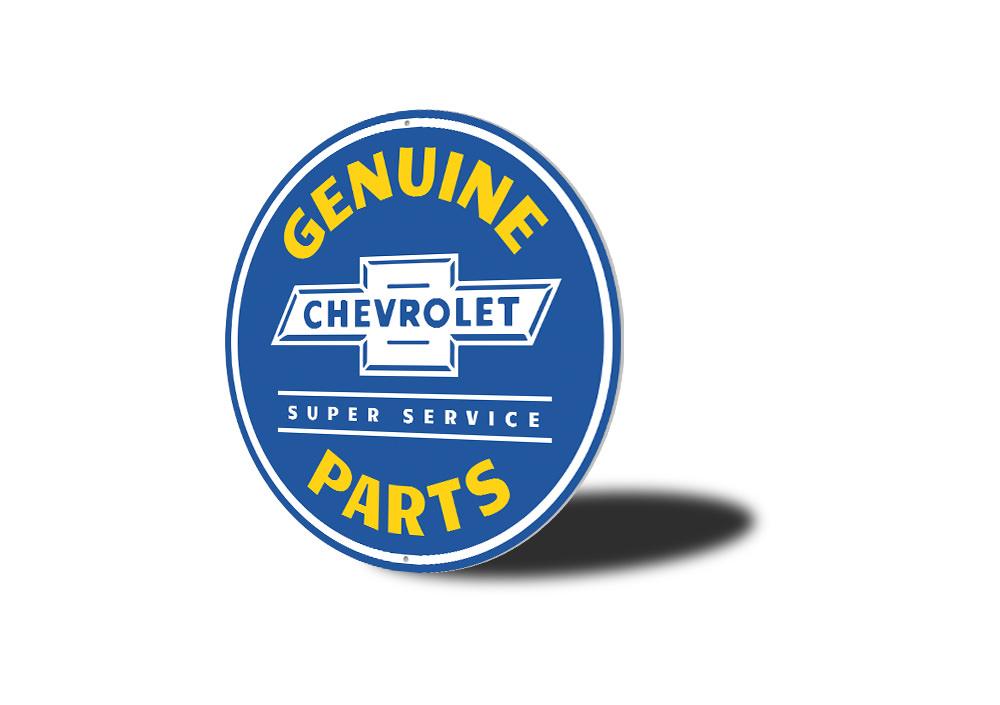 Chevy Genuine Parts Car Sign made of high-quality aluminum, featuring iconic Chevy designs, perfect for garages and man caves.