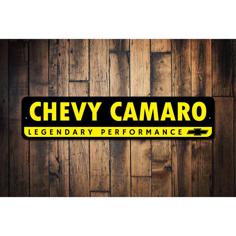 Chevy Logo Camaro Sign made of high-quality aluminum, featuring vibrant colors and a classic design, perfect for garages and man caves.