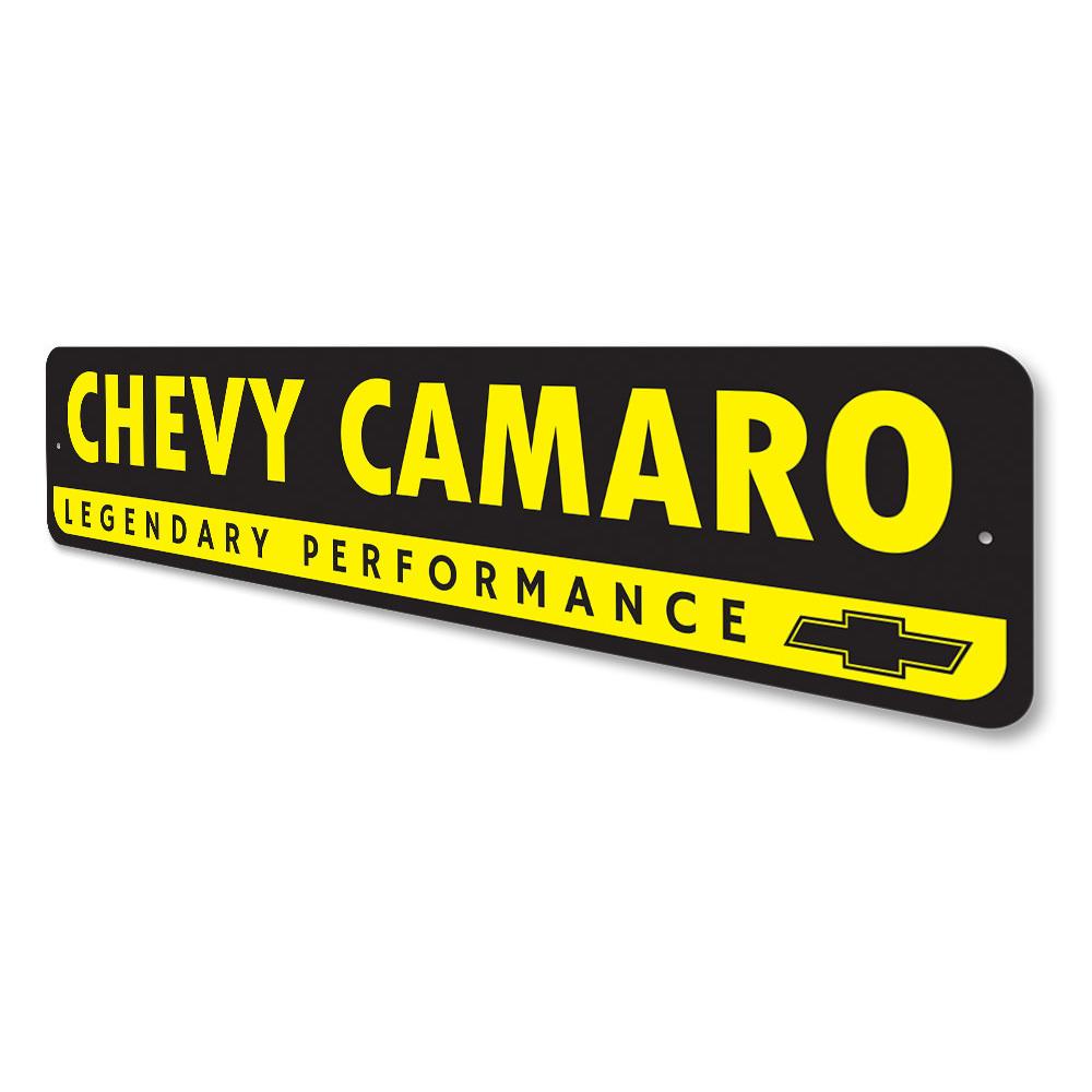 Chevy Logo Camaro Sign made of high-quality aluminum, featuring vibrant colors and a classic design, perfect for garages and man caves.