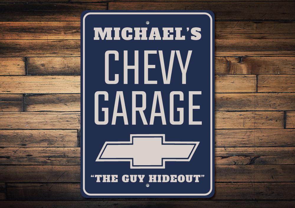 Chevy Logo Garage Sign made of high-quality aluminum, featuring vibrant colors and customizable text, perfect for car enthusiasts.