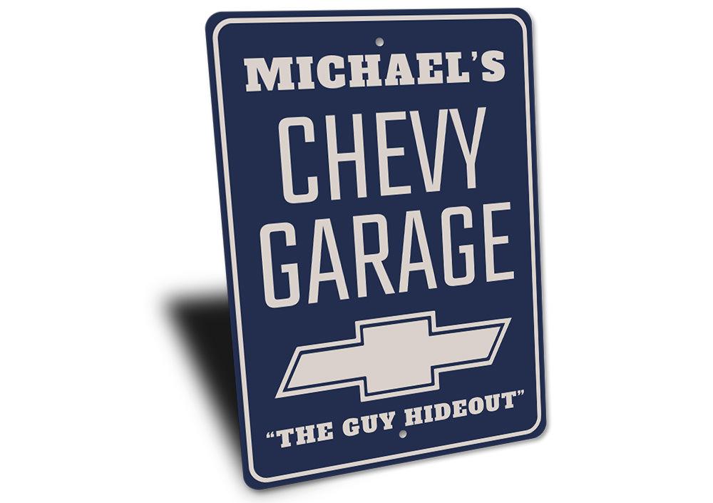 Chevy Logo Garage Sign made of high-quality aluminum, featuring vibrant colors and customizable text, perfect for car enthusiasts.