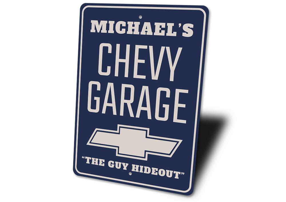 Chevy Logo Garage Sign made of high-quality aluminum, featuring vibrant colors and customizable text, perfect for car enthusiasts.