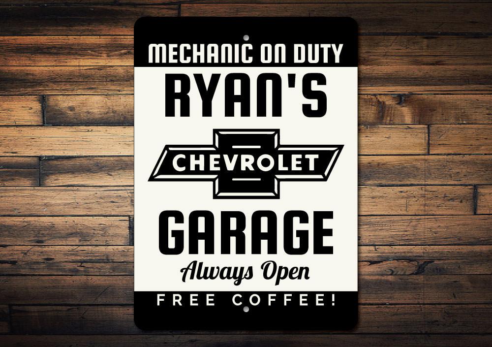 Chevy Mechanic Garage Sign made of high-quality aluminum, featuring customizable text and pre-drilled holes for easy mounting.