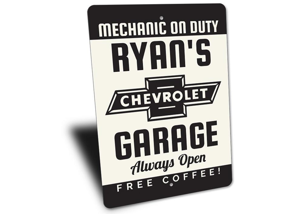 Chevy Mechanic Garage Sign made of high-quality aluminum, featuring customizable text and pre-drilled holes for easy mounting.