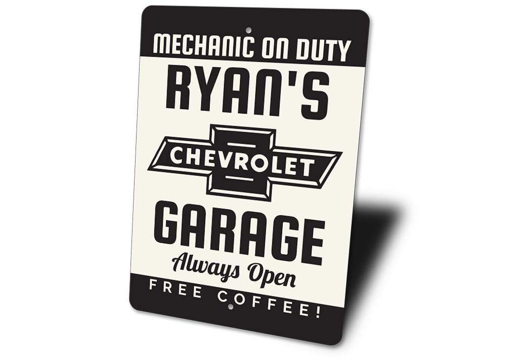 Chevy Mechanic Garage Sign made of high-quality aluminum, featuring customizable text and pre-drilled holes for easy mounting.