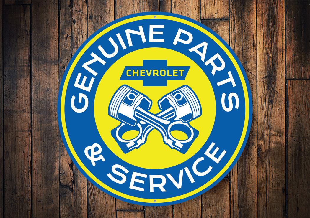 A vibrant Chevy Parts Sign made of high-quality aluminum, showcasing a classic design perfect for car enthusiasts.