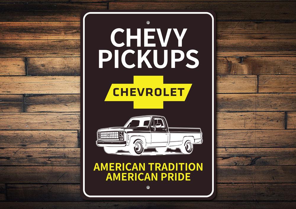 Chevy Pickups Sign made of high-quality aluminum, featuring a classic design perfect for home decor.