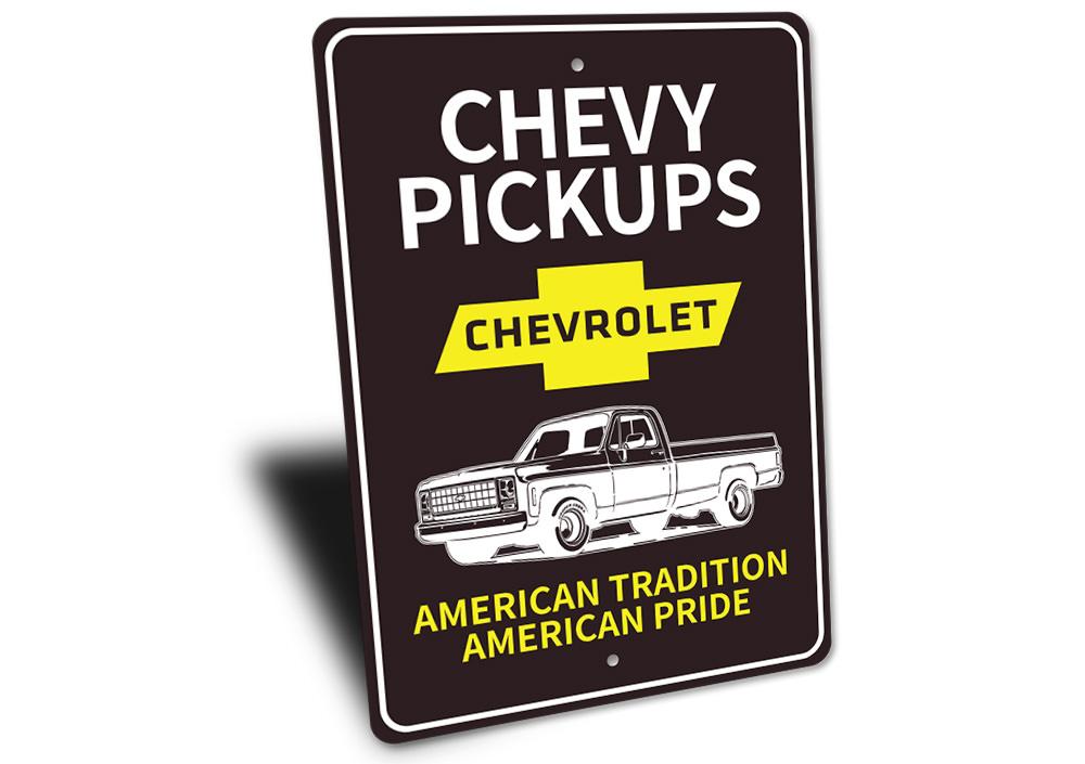 Chevy Pickups Sign made of high-quality aluminum, featuring a classic design perfect for home decor.