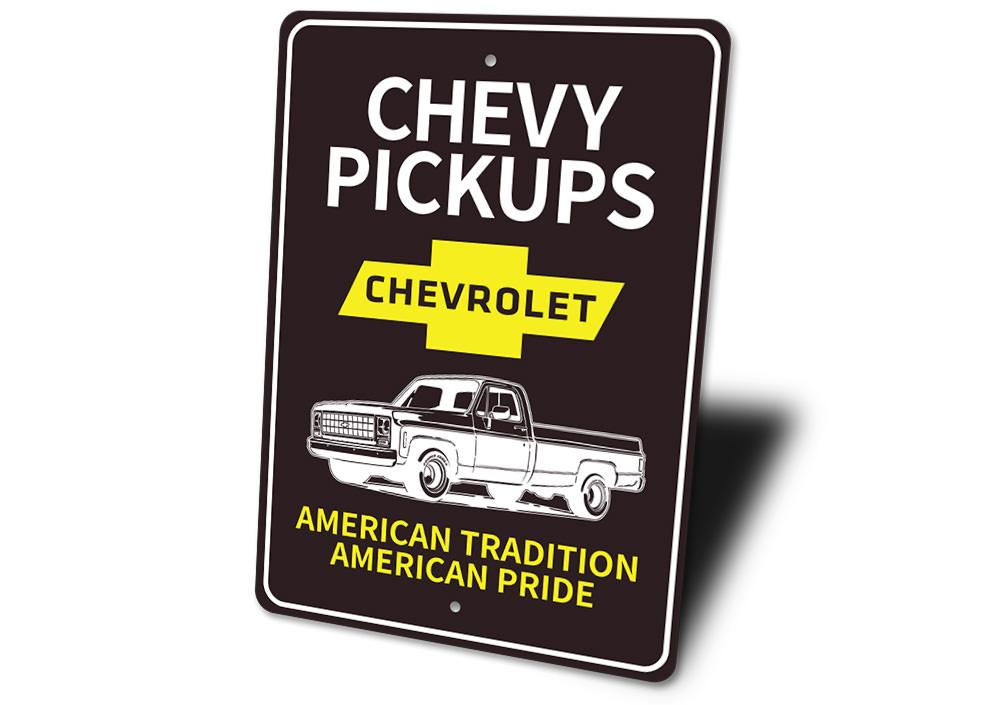 Chevy Pickups Sign made of high-quality aluminum, featuring a classic design perfect for home decor.