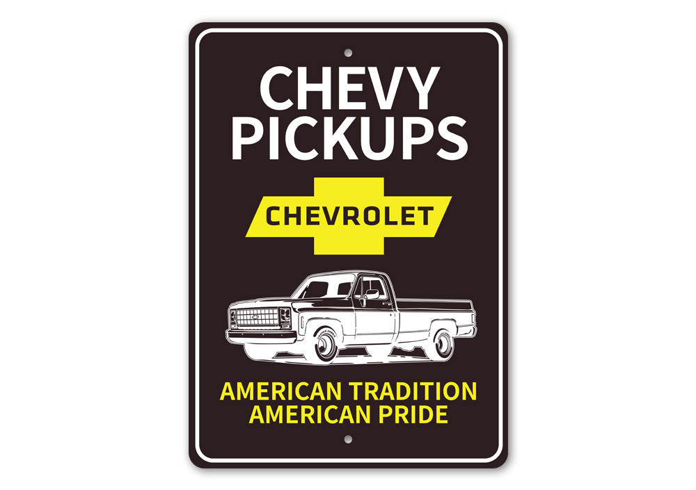 Chevy Pickups Sign made of high-quality aluminum, featuring a classic design perfect for home decor.