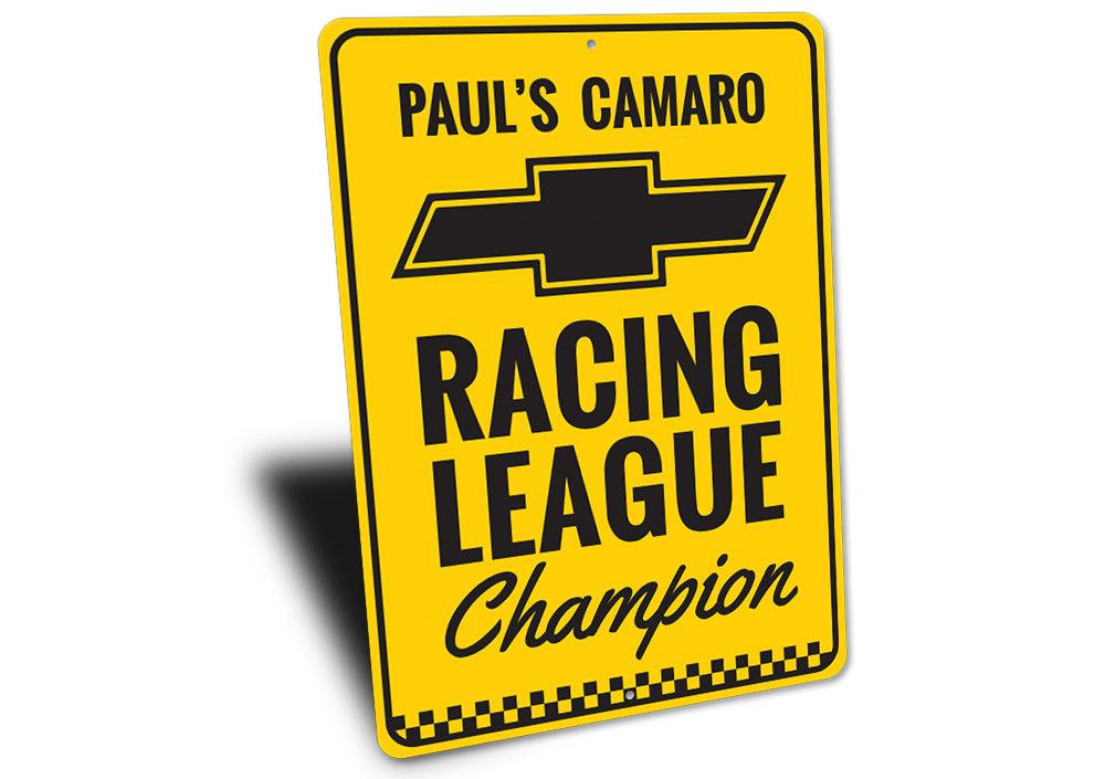 Chevy Racing League Champion Sign made of high-quality aluminum, featuring customizable text and pre-drilled holes for easy mounting.