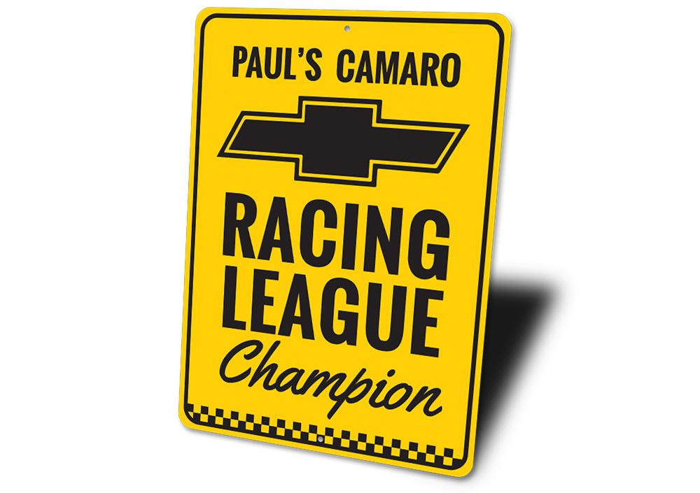 Chevy Racing League Champion Sign made of high-quality aluminum, featuring customizable text and pre-drilled holes for easy mounting.