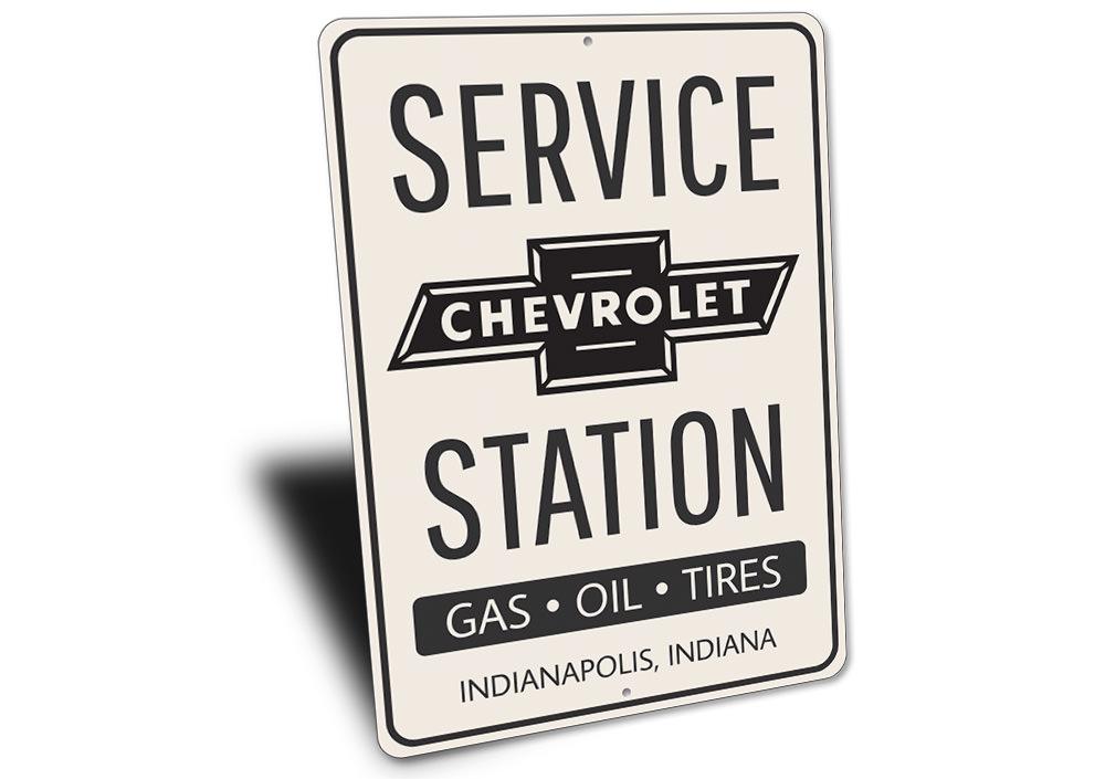 A vibrant Chevy Service Station Sign made of high-quality aluminum, featuring classic Chevy branding, perfect for garages and man caves.