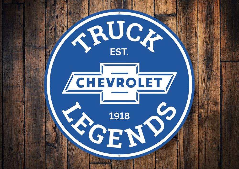 Chevy Truck Legends Car Sign made of durable aluminum, featuring vibrant colors and customizable text, perfect for garages and man caves.