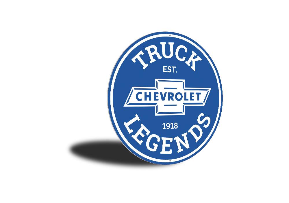 Chevy Truck Legends Car Sign made of durable aluminum, featuring vibrant colors and customizable text, perfect for garages and man caves.