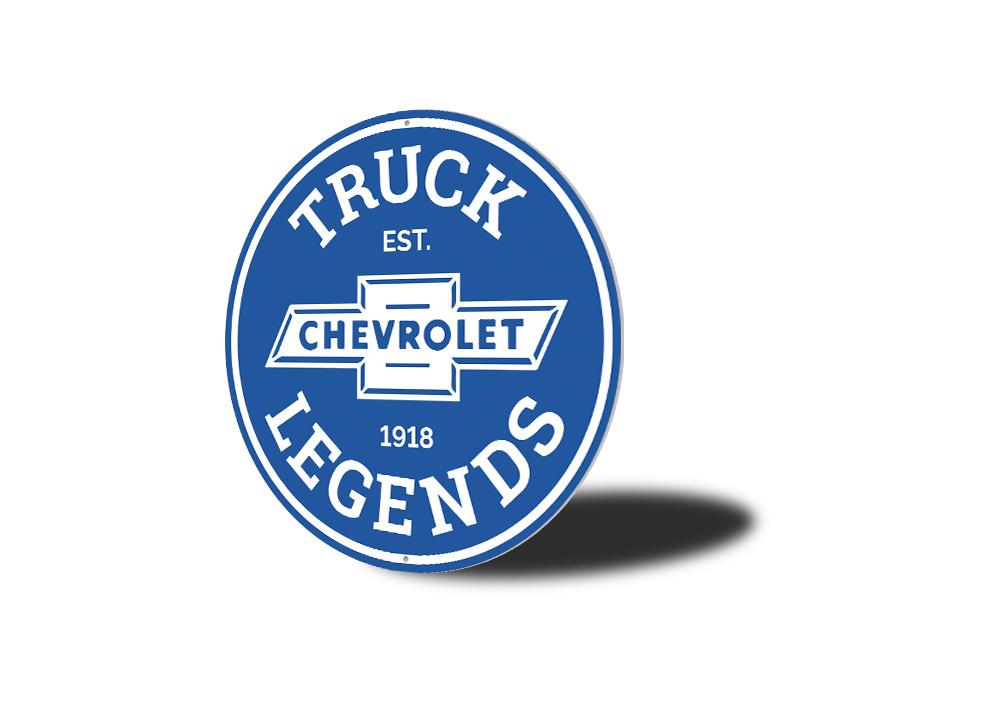 Chevy Truck Legends Car Sign made of durable aluminum, featuring vibrant colors and customizable text, perfect for garages and man caves.